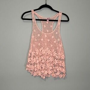 Dolled Up Boho Crochet Floral Tank Top Racerback Pink Women's Size L